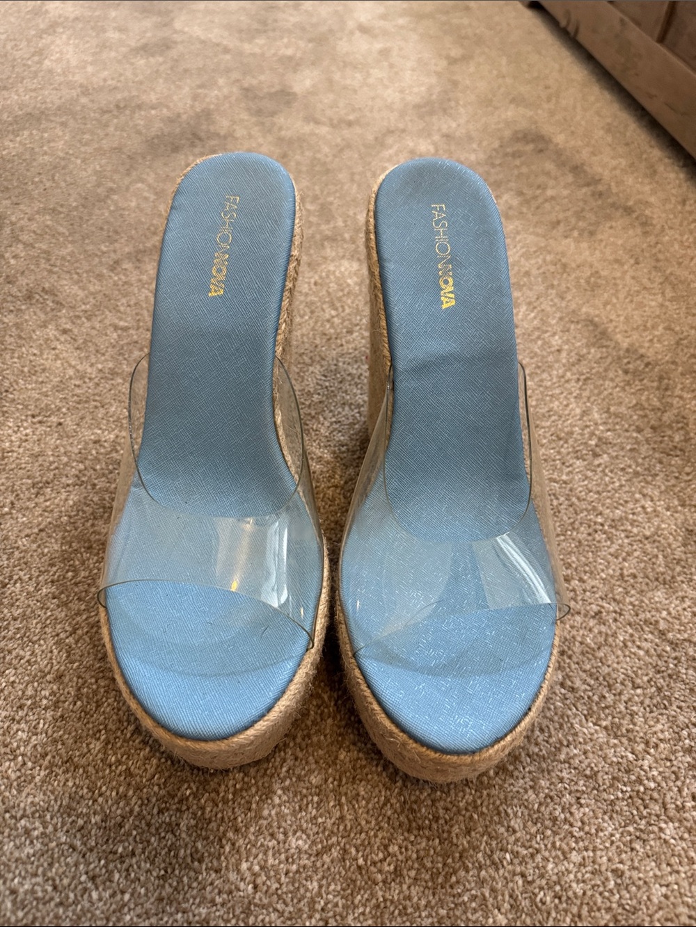 Fashion Nova Light Blue Clear Strap Platform Wedges